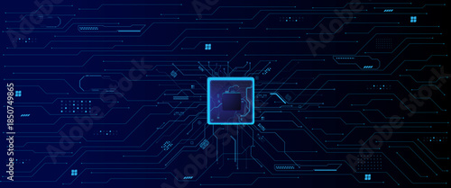 Vector futuristic blue wires on a circuit board on a dark technological background. Thin lines and dots. Glowing light blue neon AI chip with thin circuit contact lines.