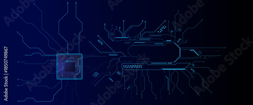 Vector futuristic blue wires on a circuit board on a dark technological background. Thin lines and dots. Glowing light blue neon AI chip with thin circuit contact lines.