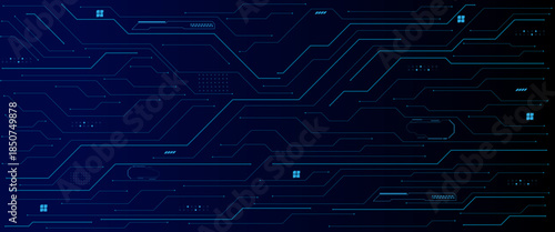 Abstract AI circuit board background. Technology connected blue lines with electronics elements on tech bg. Vector futuristic blue wires on a circuit board on a dark technological background. 