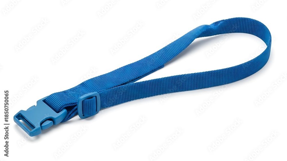 Fototapeta premium A blue strap with a plastic buckle is displayed against a white background from a diagonal viewpoint
