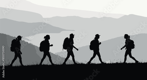 Hiking silhouettes, outdoor adventure, mountain landscape, backpackers walking, scenic terrain, nature journey, layered hills, exploration, sunrise hike, grayscale illustration