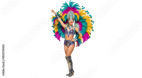 Woman in vibrant carnival costume with colorful feathers.