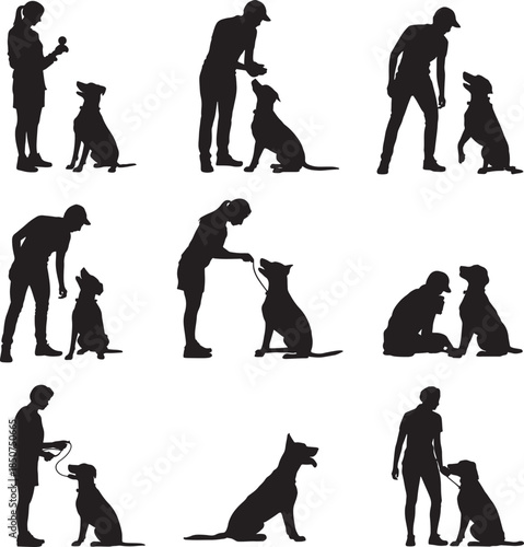 Silhouettes of people training dogs in various poses on white background