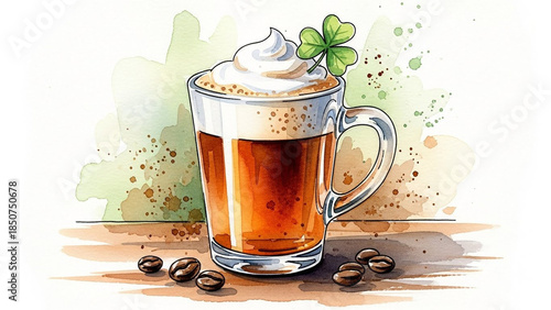 watercolor irish coffee with whipped cream and shamrock