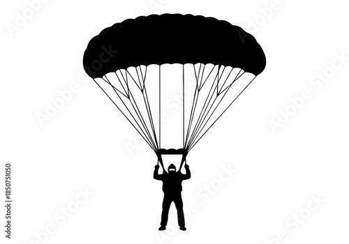 Dynamic silhouette of a skydiver soaring with an open parachute against a crisp transparent background, capturing the essence of extreme sports adventure and freedom