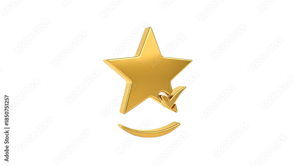 Fototapeta premium Golden star symbol with checkmark and smile on white background