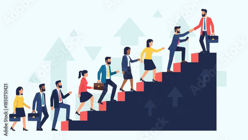 Diverse group of professionals climbing stairs towards success led by a leader.