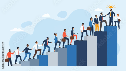 Diverse group of professionals climbing stairs towards success and leadership.