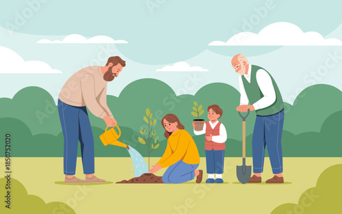 A multi-generational family is coming together to plant trees in a garden, celebrating family bonds and the importance of nurturing the environment across generations.