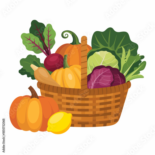 A vibrant basket overflowing with colorful autumn vegetables, celebrating the harvest season and the bounty of nature's offerings, perfect for a rural display.