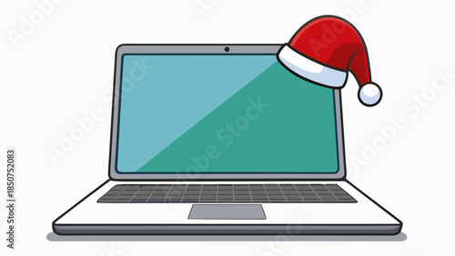Laptop vector illustration wearing a Santa Claus hat. Festive Christmas technology concept isolated on white background, suitable for holiday promotions and seasonal designs.
