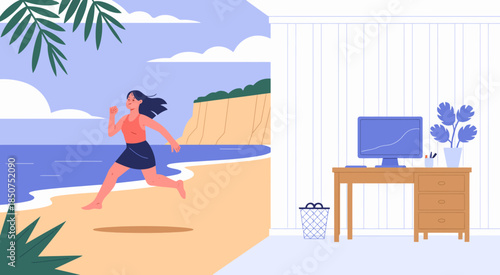 This captivating illustration portrays a woman jogging along a picturesque beach, conveying vitality, a love for fitness, and the beauty of nature in a serene environment.