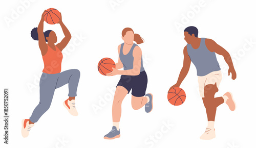 Three diverse basketball players are caught in action, showcasing skill and teamwork during a game, reflecting the spirit of sportsmanship and athleticism.