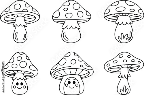 Six cartoon mushrooms with faces and patterns on caps