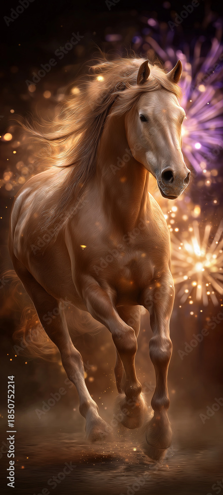 Fototapeta premium Majestic Horse Galloping through Fireworks: A spirited horse gallops gracefully through a mesmerizing display of fireworks, embodying freedom, power, and the thrill of celebration. 