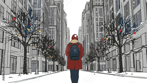 sketch of a young man walking in the city while it is snowing