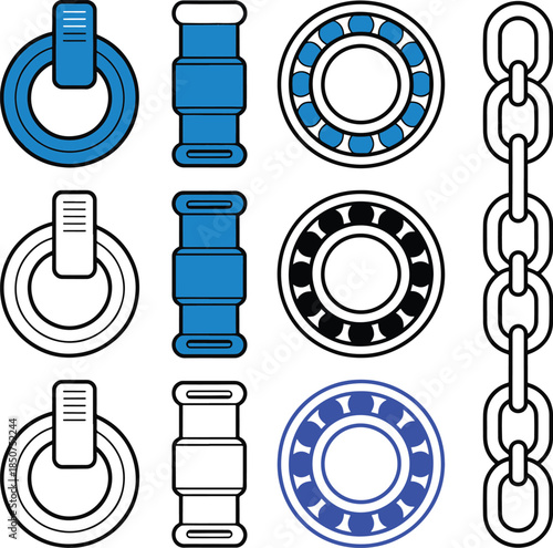 Various industrial bearings and chain links