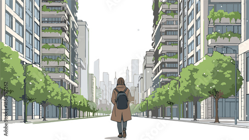 sketch of a young man walking in the city while it is snowing