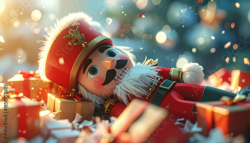 Broken nutcracker doll lies among colorful gift boxes, surrounded by sparkling confetti