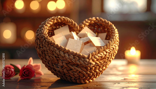 Heart shaped wicker basket filled with small gift boxes creates warm, romantic atmosphere