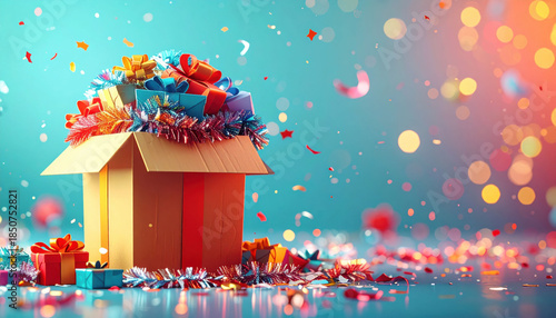 Overflowing cardboard recycling bin filled with crumpled gift wrap and tinsel