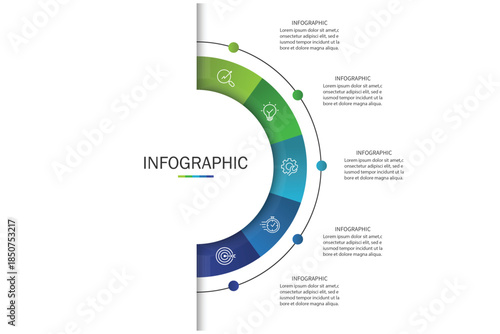 Business visualization infographic circle design template with 5 options, steps or processes. Business presentation.	