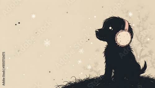 silhouette of cute black puppy wearing earmuffs looking at snowflakes on winter background