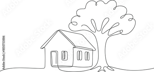 Simple Line of a House with a Tree line house black and white