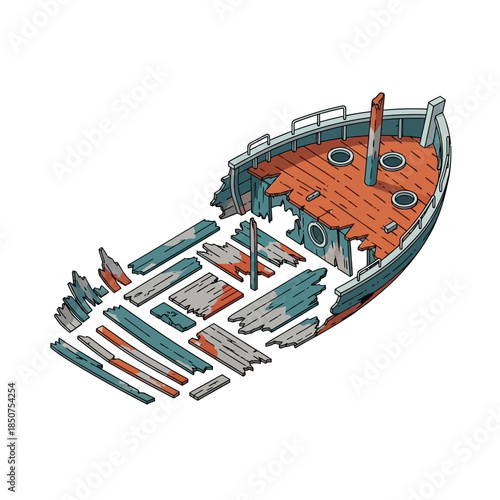 Broken Wooden Shipwreck Hull with Scattered Planks.