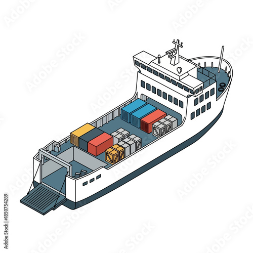 Cargo Ship Loaded with Containers and Goods for Transport.