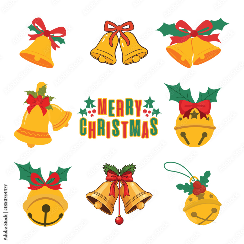 Fototapeta premium Christmas Golden Bells Vector Set. Jingle Bell Icons with Red Bows, Holly Leaves and Typography. Traditional Holiday Decoration Elements.
