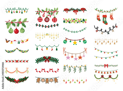 Christmas Garland and Border Set. Hanging Decorations with Lights, Stockings and Holly Leaves. Vector Dividers for Web Headers and Cards.