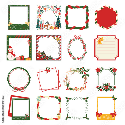 Christmas Photo Frame and Border Set. Square Polaroid Style Templates with Snowman, Reindeer and Wreaths. Vector for Social Media Posts.