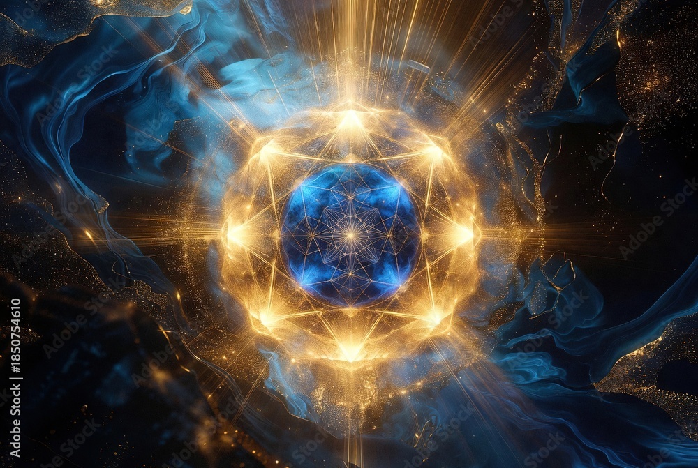 Obraz premium Bright digital sphere surrounded by a golden geometric network in a dark, energetic space