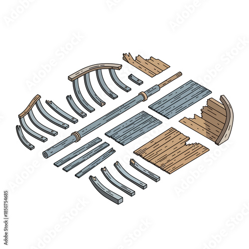 Detailed illustration of a ships wooden hull construction components.