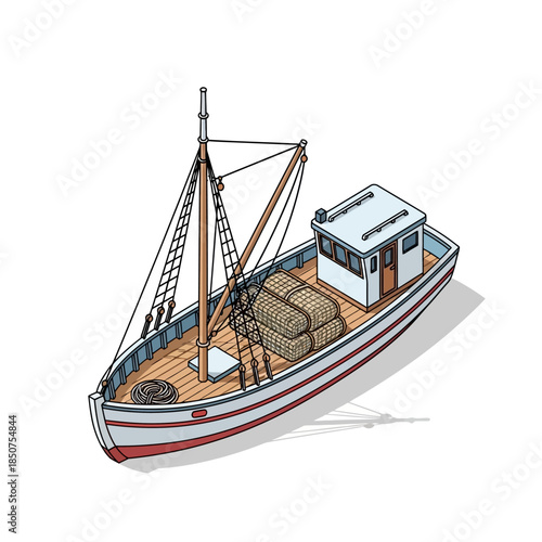 Fishing boat with sails and cargo on deck illustration.