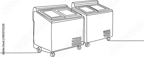 Black and white line of a two-sectioned ice cream display case on wheels