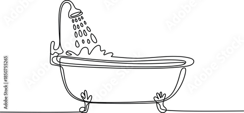 Black and white line of a bathtub with shower head and water droplets