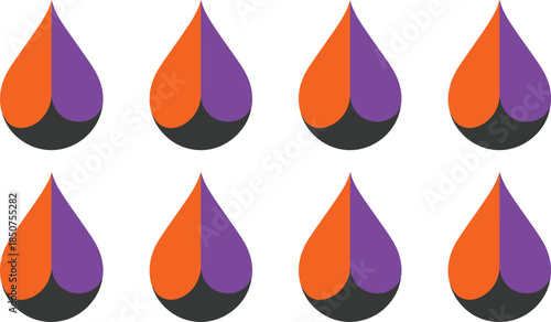 Collection of eight orange and purple teardrop shapes with shadow effect on a transparent background for design