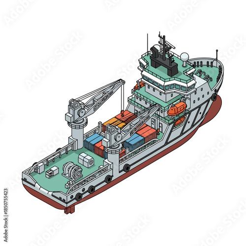 Illustration of a modern cargo ship with containers and crane.
