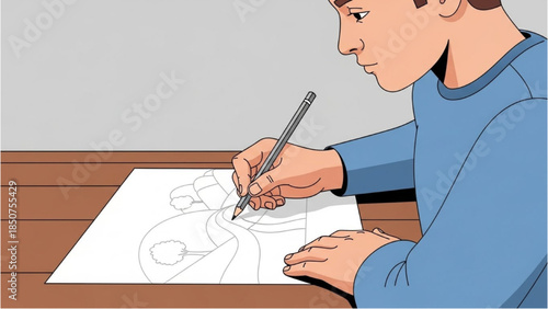 A boy creating an illustration on a table