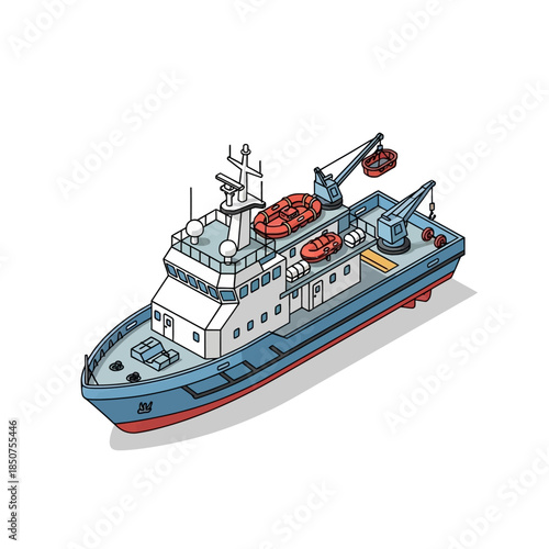 Illustration of a Modern Industrial Ship with Cranes and Lifeboats.