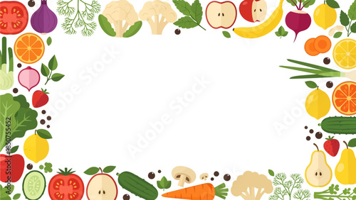 A vibrant, healthy border of flat-style illustrations features fresh produce like tomatoes, apples, carrots, and leafy greens, creating a colorful rectangular frame around a clean white center space.