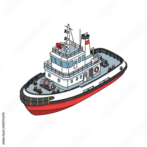 Illustration of a red and white tugboat on a white background.