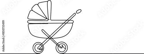 Black and white line of a baby stroller with a pizza on
