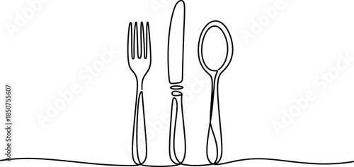 Black and white line of fork knife and spoon on table