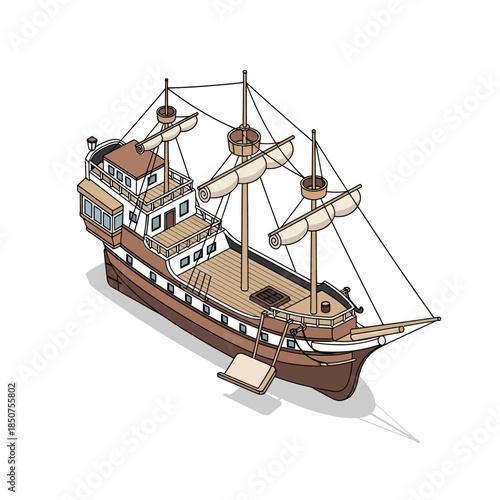 Isometric view of a detailed wooden sailing ship with multiple masts and sails.