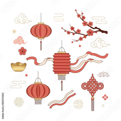 Traditional Chinese decorative elements featuring red lanterns, cherry blossoms, gold ingots, and symbolic knots for Lunar New Year and cultural celebration designs