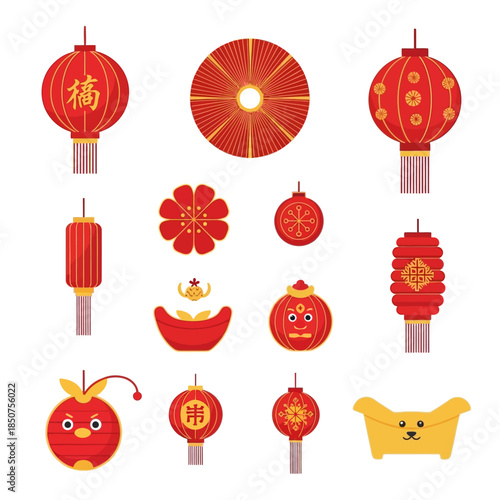 Vibrant collection of traditional Chinese New Year and Lunar Festival decorations, featuring red lanterns, lucky charms, and symbolic ornaments, ideal for festive celebrations and cultural themes