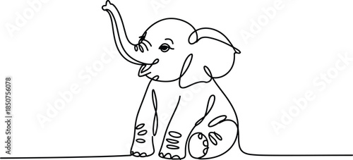 Cartoon Elephant Sitting with Raised Trunk black and white